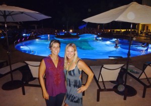 Marie and Aloe at Crocs blacklight pool.