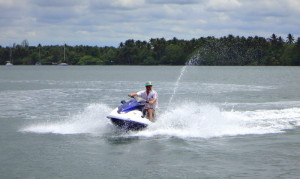 Red on the jet ski.