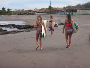 Women surfing in Miramar, Nicaragua